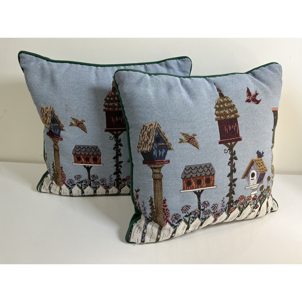 2 Riverdale Tapestry Needlepoint Pillows Birdhouse Floral Garden Bird 14" Cottag